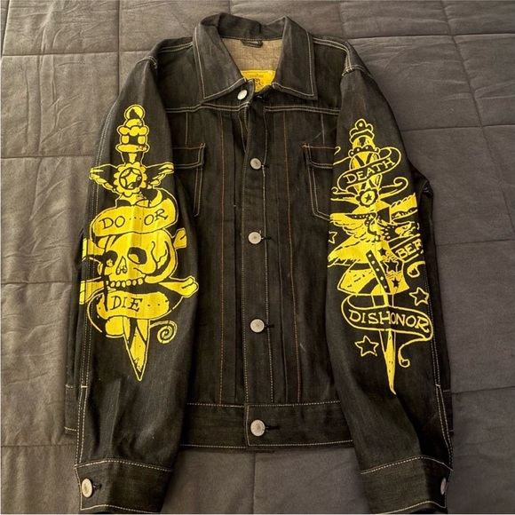 Ed Hardy Black Jacket with Vibrant Yellow Tattoo Inspired Skull Design NWT - Picture 8 of 10